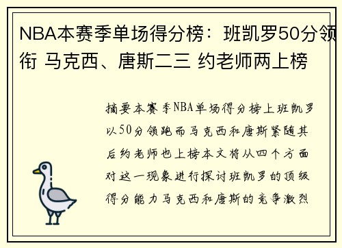 NBA本赛季单场得分榜：班凯罗50分领衔 马克西、唐斯二三 约老师两上榜